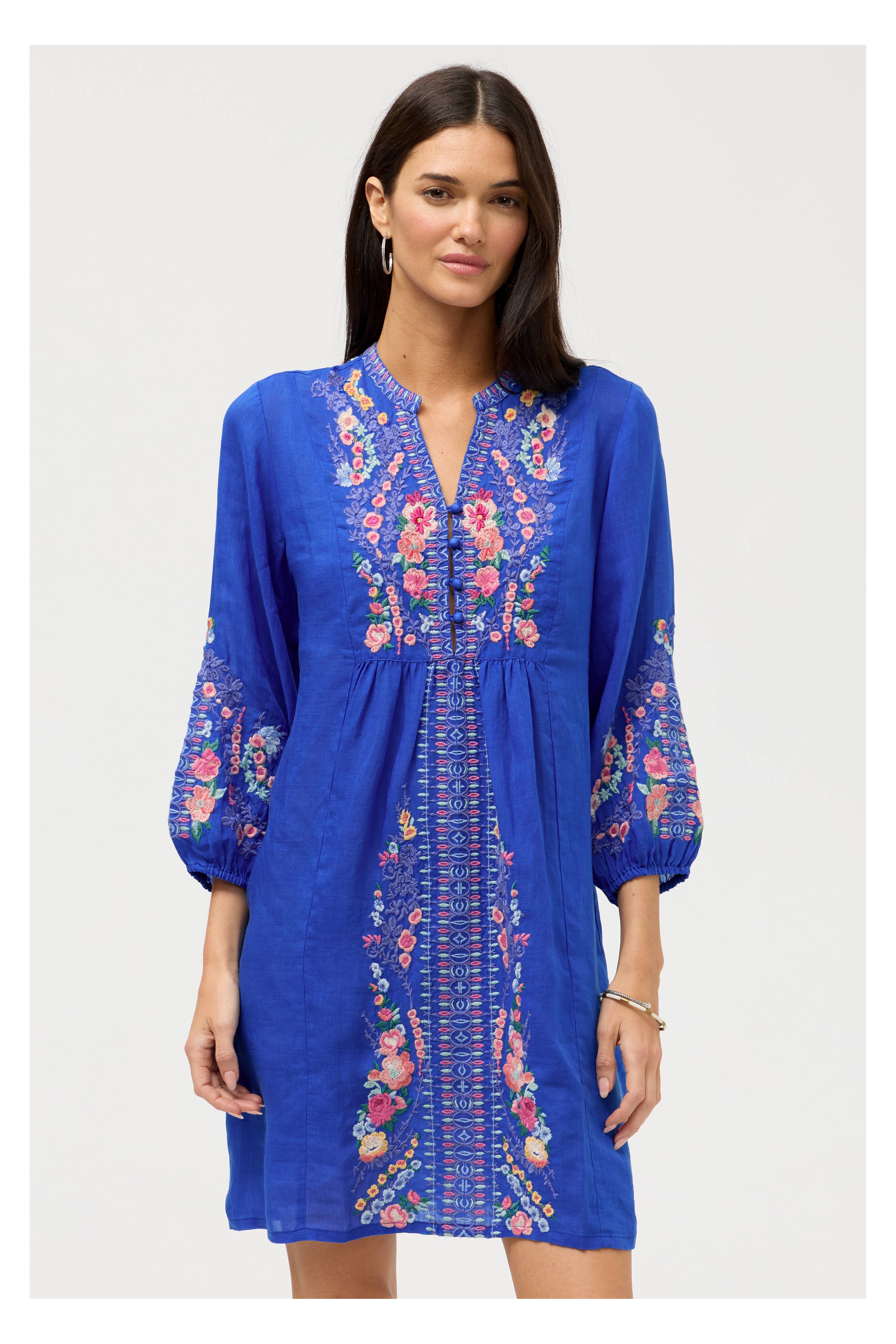 SIENA | Floral Embroidered Button Front Yoke Dress