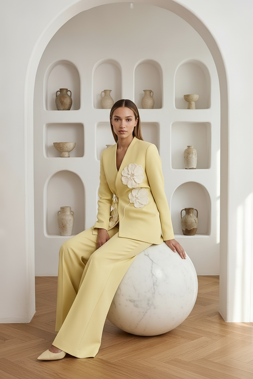 A woman wearing a pale yellow tailored suit with large floral appliqué on the jacket sits on a white marble sphere in a bright interior with arched alcoves and ceramic vases.