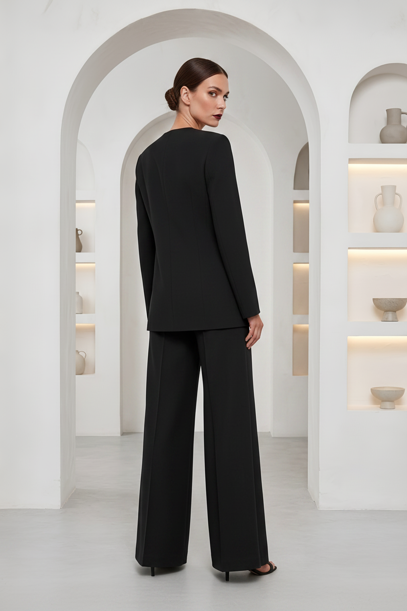 A woman stands with her back to the camera wearing a black tailored blazer and matching wide-leg trousers, photographed in a bright white architectural interior with arched alcoves and built-in shelving.