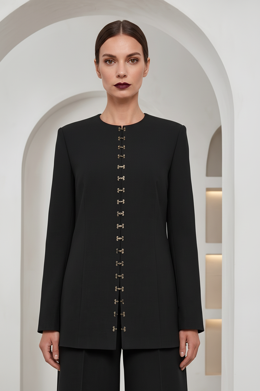 A model wearing a black long-sleeve tailored jacket with a vertical row of gold decorative buttons down the front, set against a white arched architectural background.