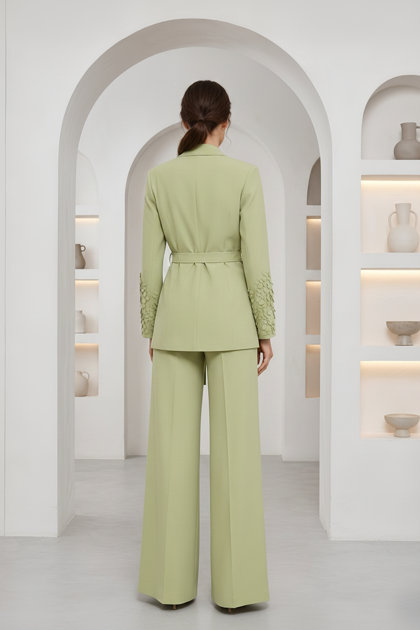 A model viewed from behind wearing a light sage green tailored suit with a belted waist, long sleeves, and textured lace-like cuffs, standing in a bright white architectural interior with arched alcoves and shelves.