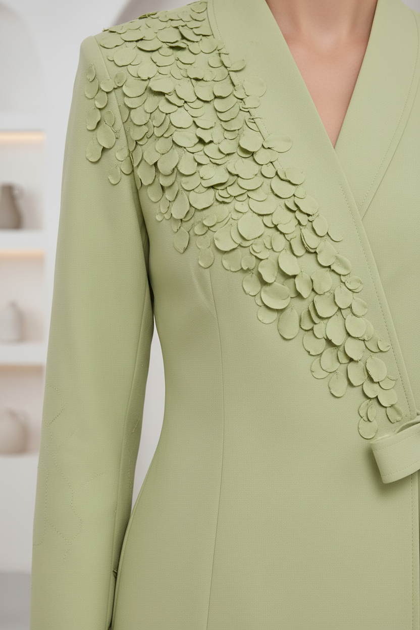 A close-up of a sage green wrap-style dress featuring a diagonal cascade of layered, petal-like appliqués across the chest and shoulder area.