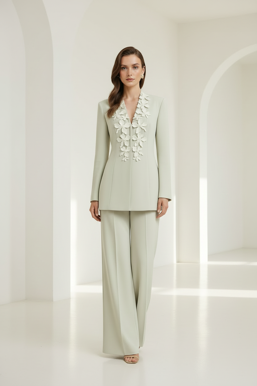 A woman models a light sage green two-piece suit featuring a long-sleeve blazer with a deep V-neckline adorned with white floral applique, paired with matching wide-leg trousers, against a plain light gray studio background.