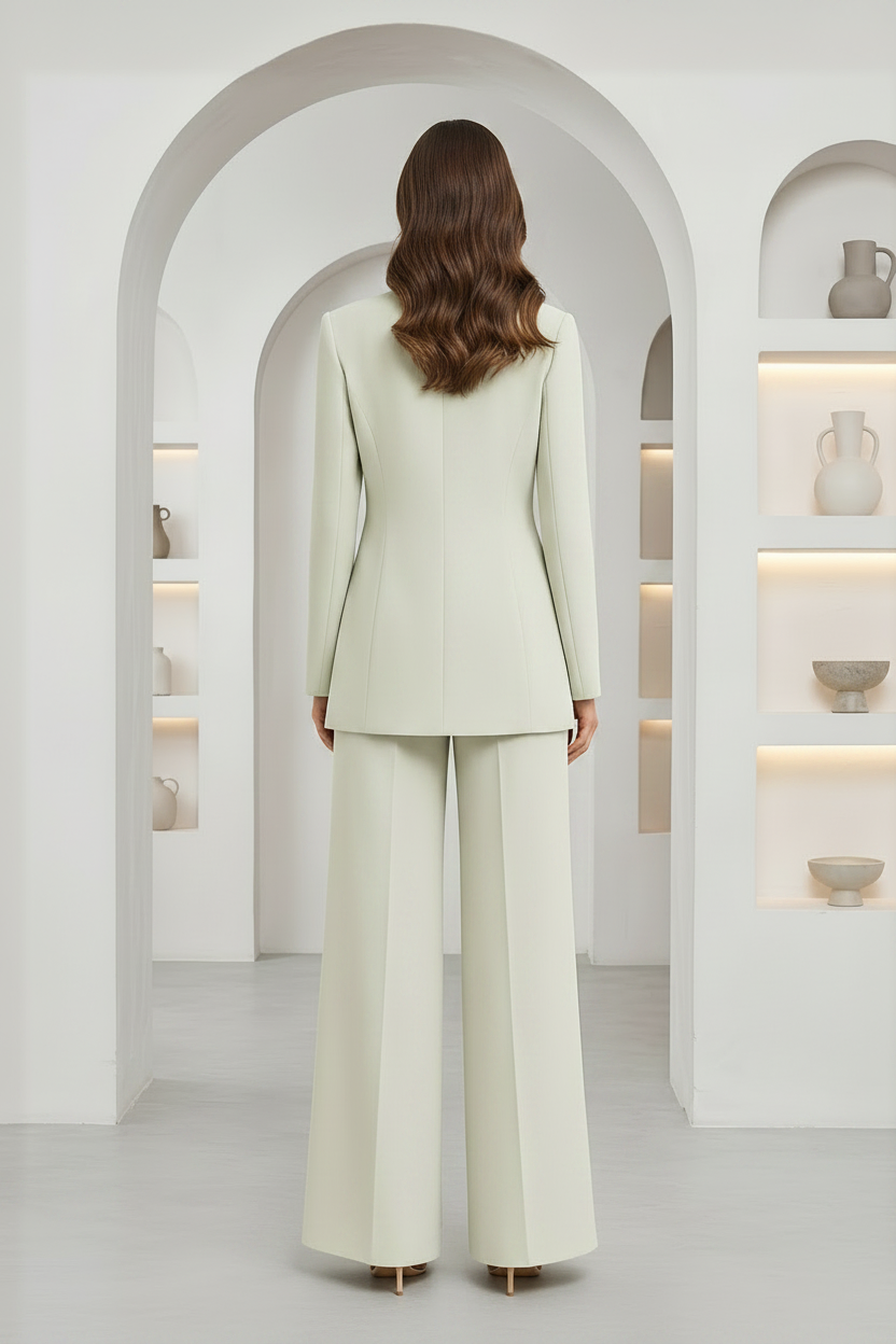 A woman stands with her back to the camera wearing a light sage green two-piece suit with a structured blazer and wide-leg trousers, set against a minimalist white arched hallway with built-in shelves.