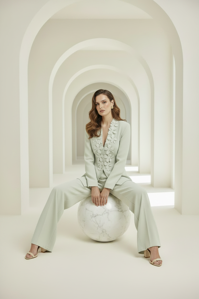 A woman models a sage green two-piece suit with intricate floral applique detailing on the jacket, paired with wide-leg trousers and neutral sandals, while sitting on a round stone sphere against a solid beige background.