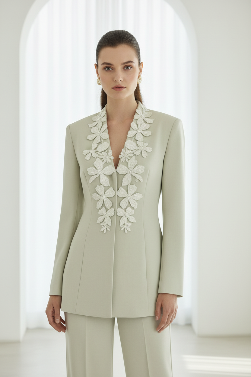 A woman stands in a bright, minimalist white room wearing a structured light sage green suit with dramatic white floral applique detailing along the V-neckline of the blazer.