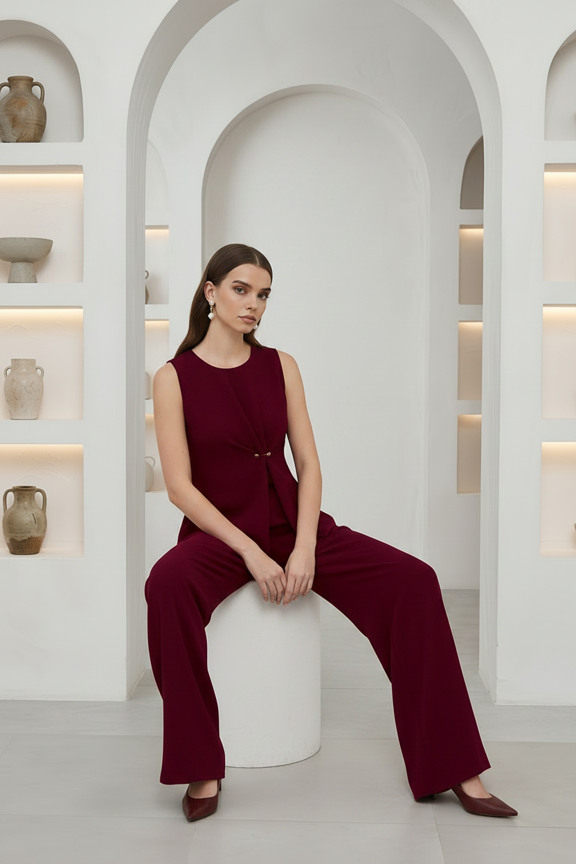 A woman wearing a sleeveless deep burgundy jumpsuit sits on a white cylindrical pedestal in a bright, modern white room with arched alcoves and built-in shelves displaying ceramic vases.