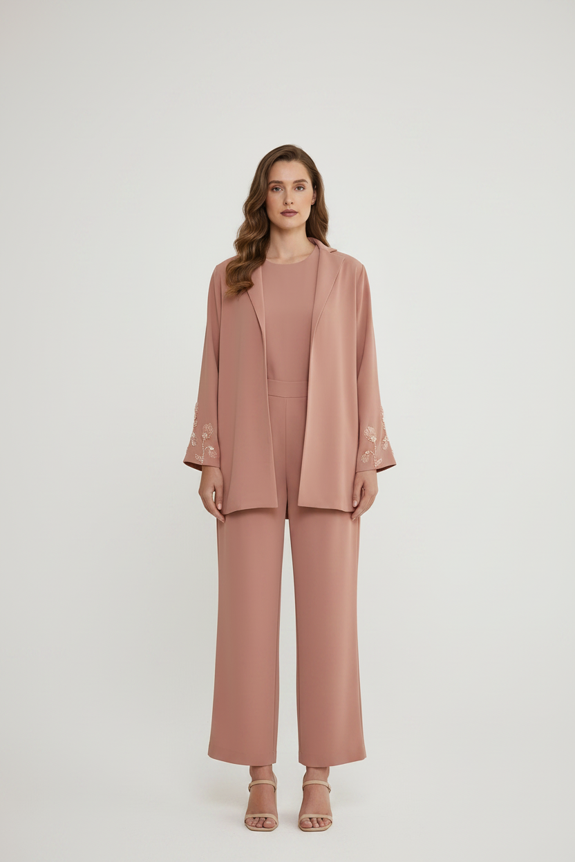 A woman stands against a light gray studio background wearing a coordinated dusty rose outfit consisting of a sleeveless top, matching wide-leg pants, and a matching open-front jacket with embroidered details on the sleeves.