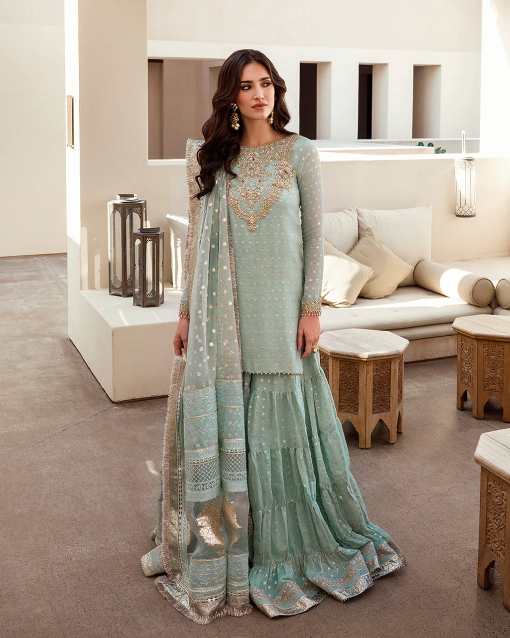 sefana-mint-green-embellished-karandi-shirt-and-tiered-gharara-front-view-ayra