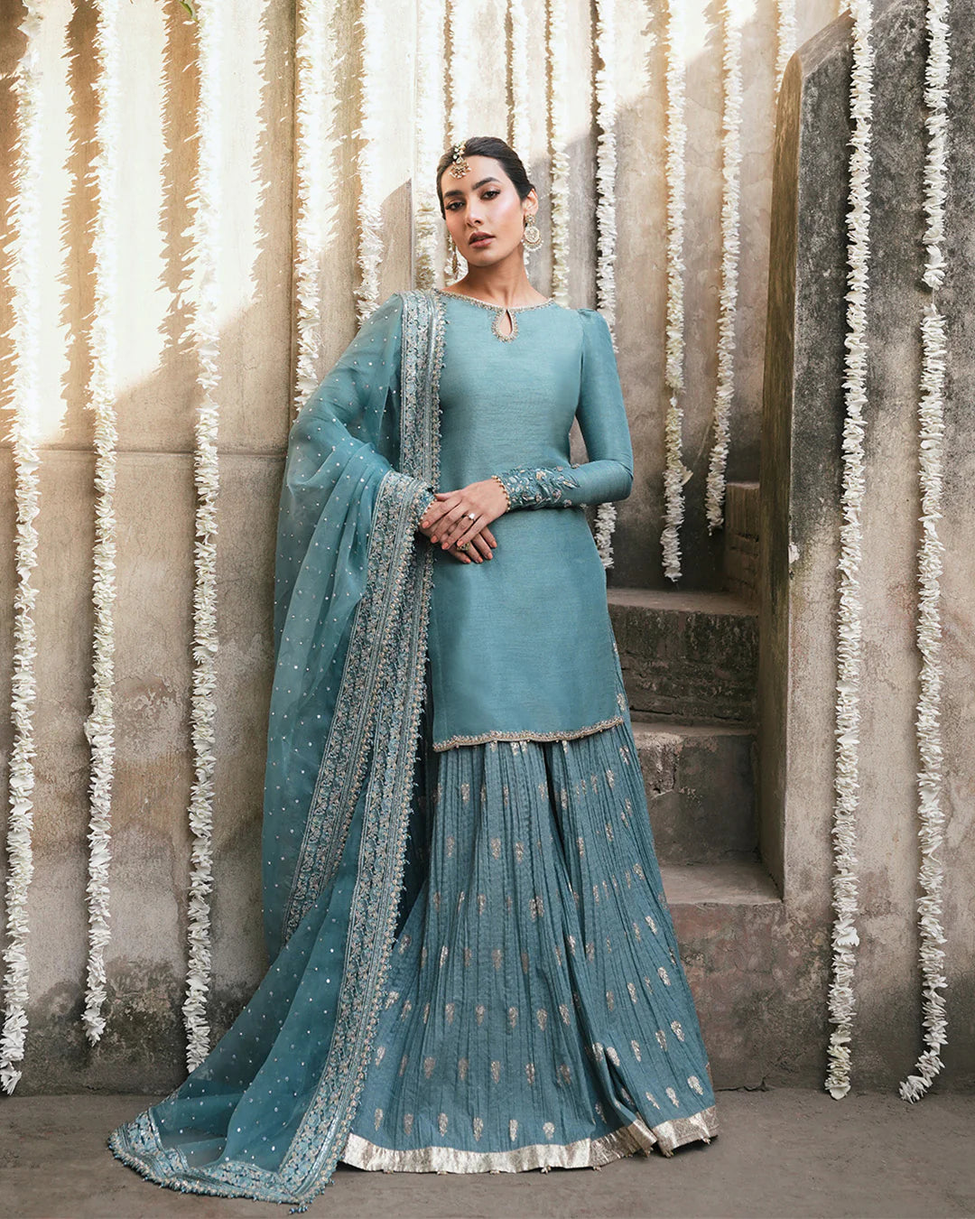 tisha-vibrant-turquoise-korean-raw-silk-shirt-and-karandi-sharara-front-view-ayra