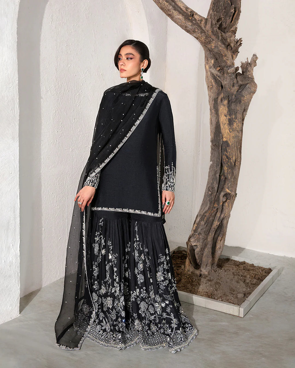 ciar-jet-black-hand-embellished-korean-raw-silk-shirt-and-printed-gharara-front-view-ayra