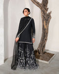 ciar-jet-black-hand-embellished-korean-raw-silk-shirt-and-printed-gharara-front-view-ayra