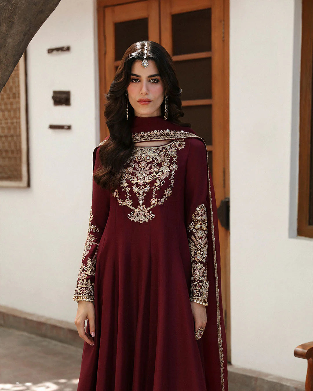 diana-regal-maroon-raw-silk-kalidar-shirt-and-embroidered-culottes-front-view-ayra