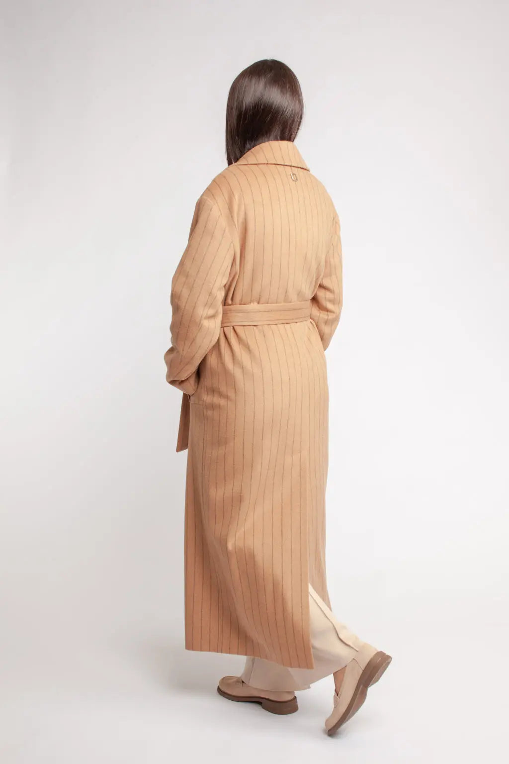 NOMAD | The Sandstone Pinstripe Maxi | Belted Transit Coat DEITY