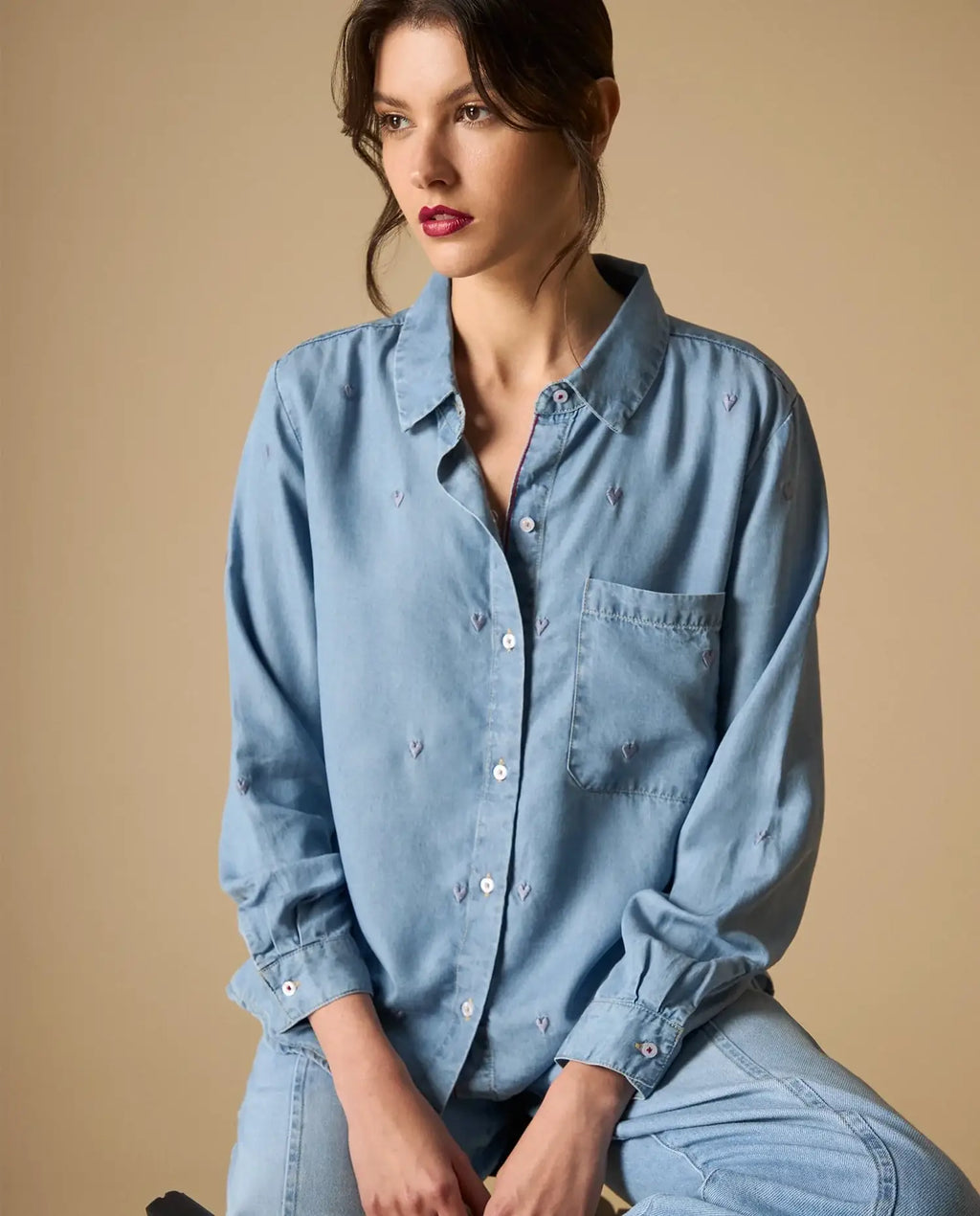 Woman wearing AYRA blue embroidered long-sleeved denim shirt with classic collar and subtle motif detailing   