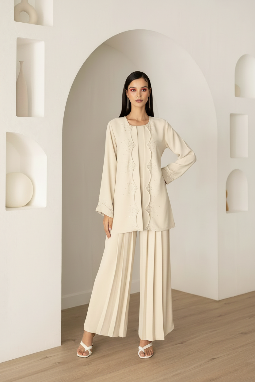 A woman stands in a minimalist cream-colored room with arched alcoves, wearing a matching cream two-piece outfit consisting of a long-sleeve button-front tunic with scalloped trim and wide-leg pleated trousers.
