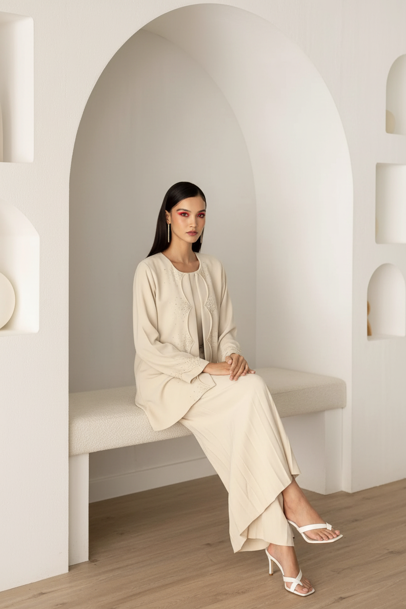 A woman sits on a built-in bench in a minimalist white arched alcove, wearing a matching beige long-sleeve tunic and wide-leg skirt set with white heeled sandals.