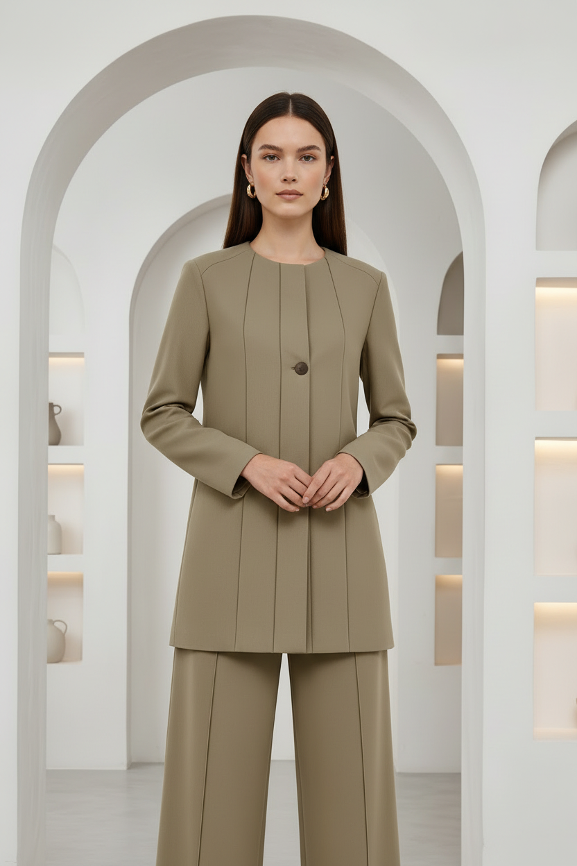 A woman stands centered in a bright, minimalist interior with white arches and recessed shelves, wearing a tailored taupe-beige two-piece outfit with a structured jacket and matching wide-leg pants.