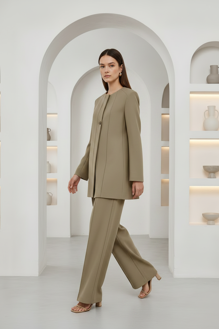 A woman models a matching taupe-beige two-piece suit consisting of a structured blazer and wide-leg trousers, set against a modern white architectural background with arched passageways and built-in shelves.