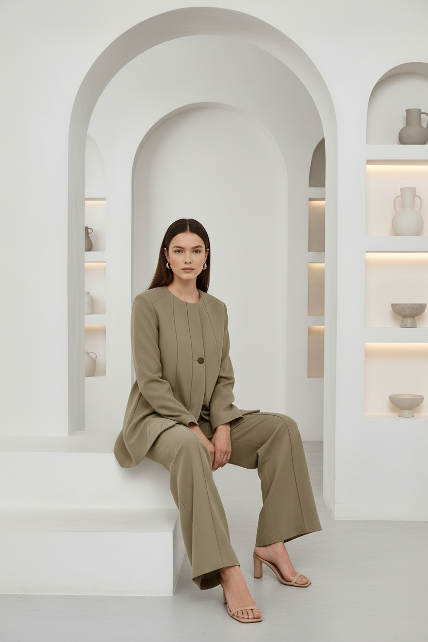 A woman sits on a white architectural step in a bright, minimalist room with arched alcoves and built-in shelves. She is wearing a matching taupe-beige two-piece suit with a structured blazer and wide-leg trousers, paired with beige heeled sandals.