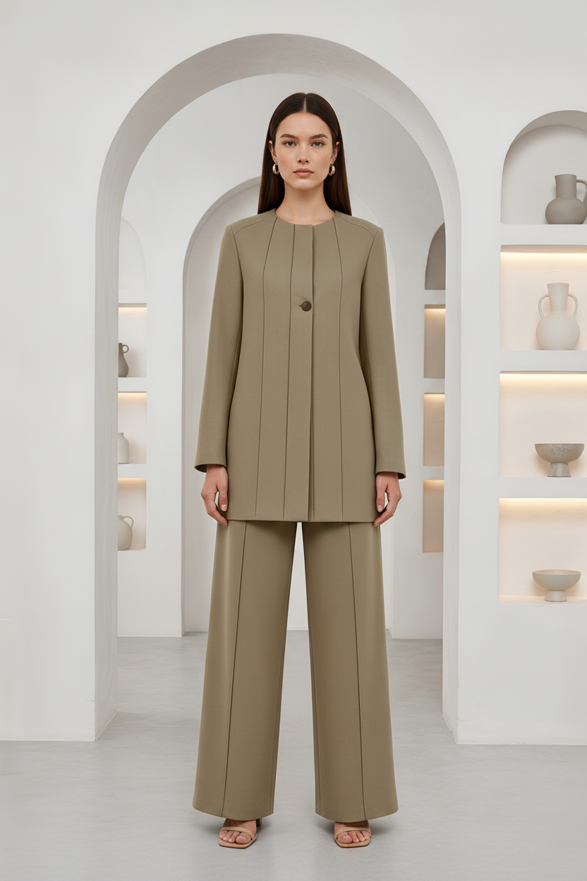 A model stands in a minimalist white architectural setting with arched passageways and built-in shelves, wearing a matching taupe-beige two-piece suit consisting of a long-sleeve pleated jacket with a single button and wide-leg trousers.