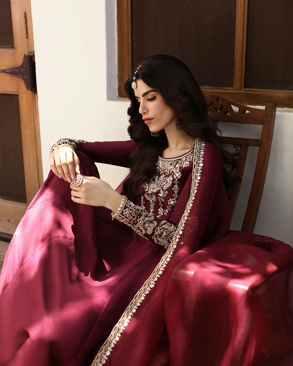 diana-consciously-crafted-maroon-three-piece-luxury-pret-suit-seated-view-ayra