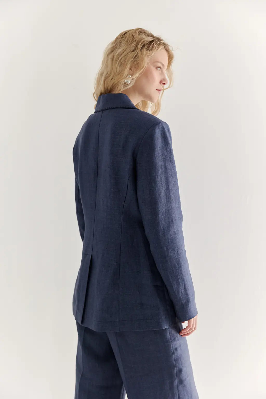 ayra store's beautiful women wearing luxury Air-Wash Indigo Linen Blazer | Denim-Effect Tailored Jacket & Pants