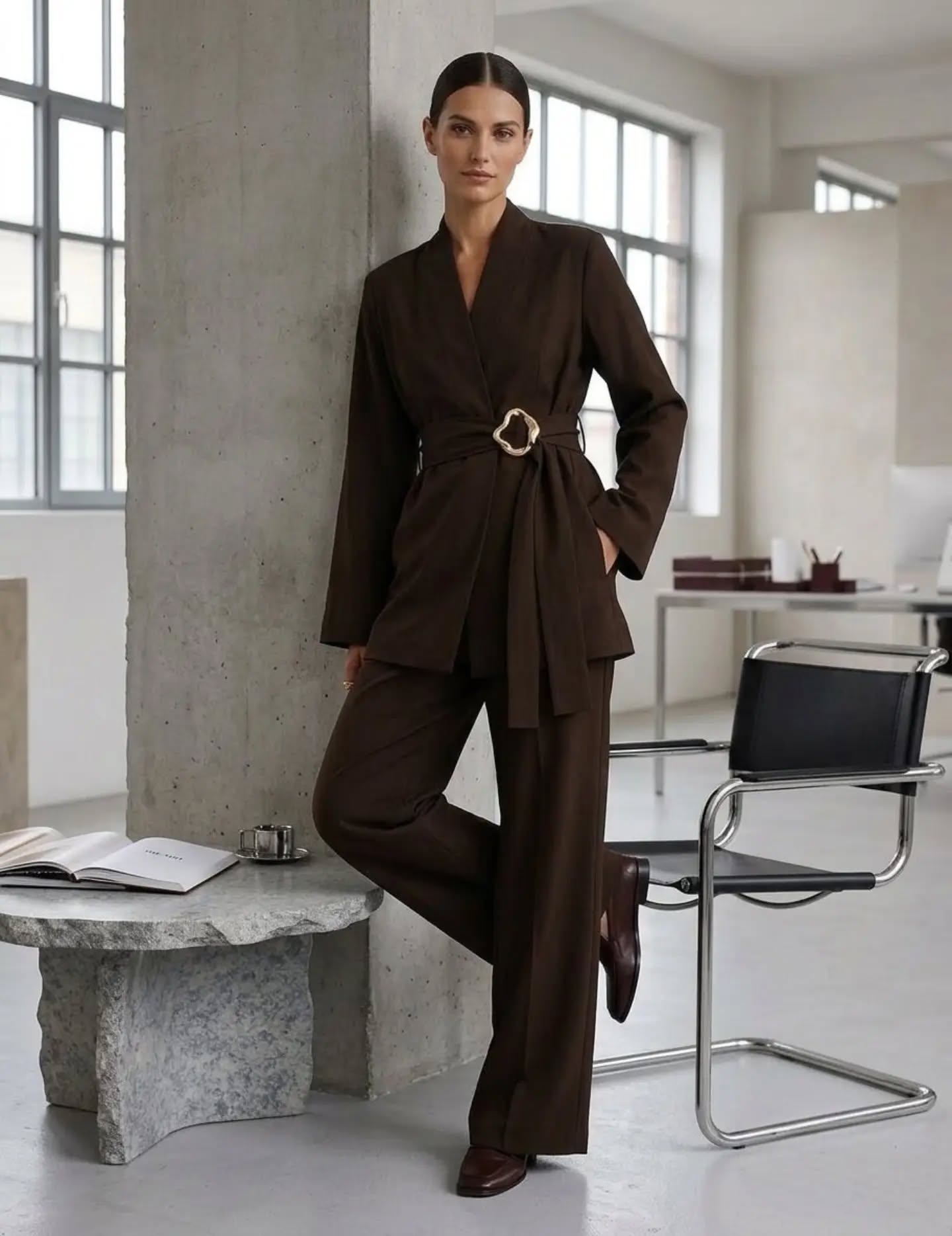 A woman models a dark brown tailored suit with a matching blazer and wide-leg trousers, featuring a belted waist with a decorative gold-tone ring buckle, in a modern industrial loft setting.