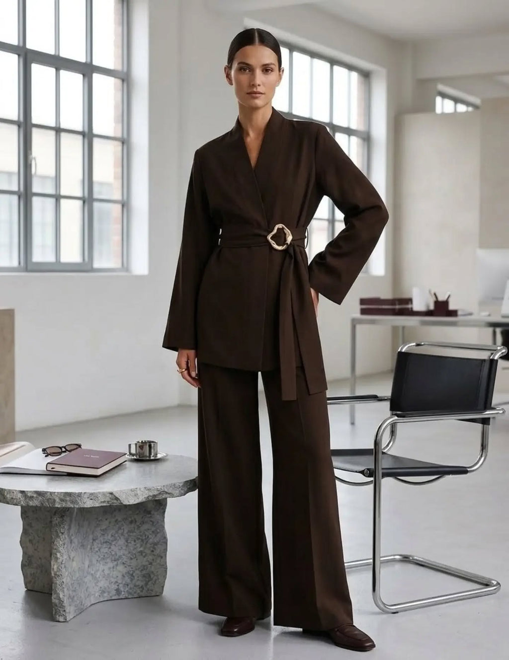 A woman models a dark brown tailored two-piece suit with a belted wrap-style jacket and wide-leg trousers in a bright, modern office interior.