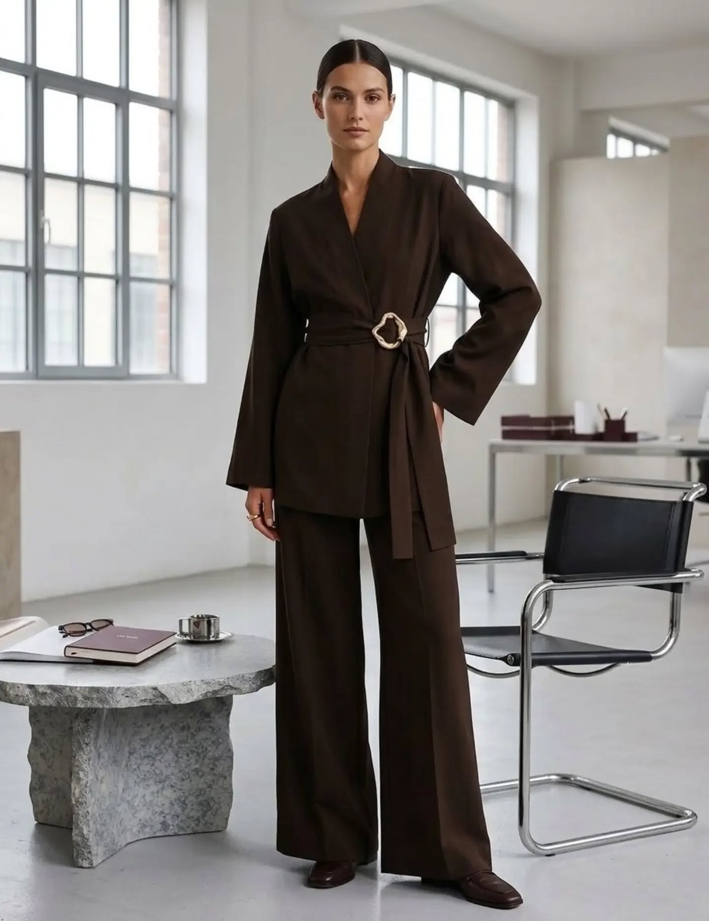 A woman models a dark brown tailored two-piece suit with a belted wrap-style jacket and wide-leg trousers in a bright, modern office interior.