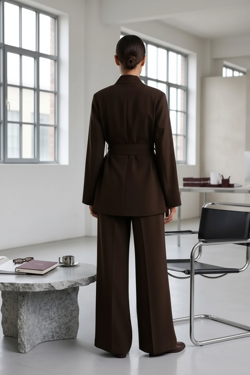 A person stands with their back to the camera in a bright, modern office setting, wearing a dark brown tailored blazer and matching wide-leg trousers.