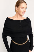 DEITY deep black fitted long-sleeve shirt with an architectural off-the-shoulder neckline.