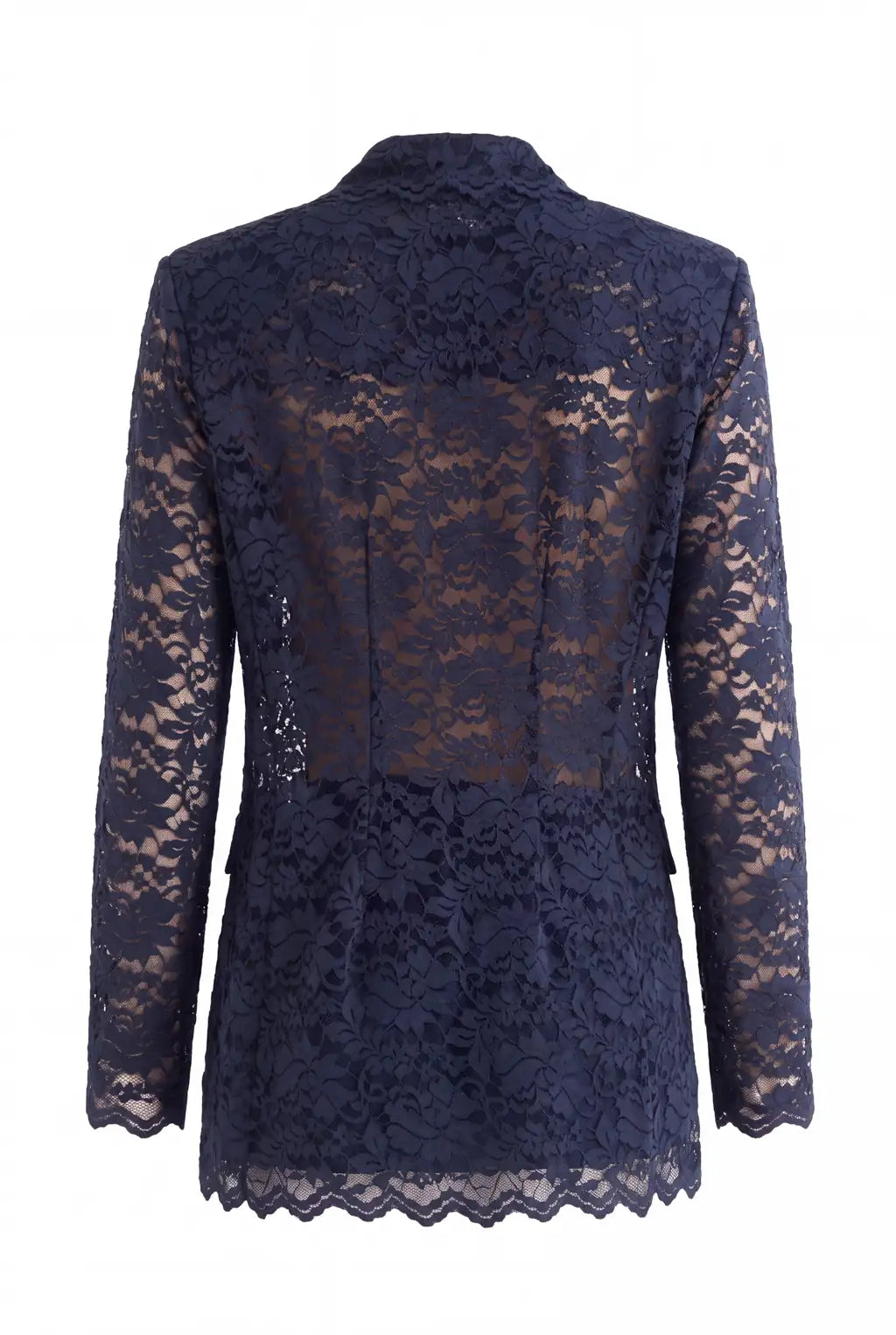 Ayra Store based in New York united states of America Woman wearing AYRA Vinyl Corded Lace Jacket with notched lapel and scalloped hem paired with fluid navy blue trousers