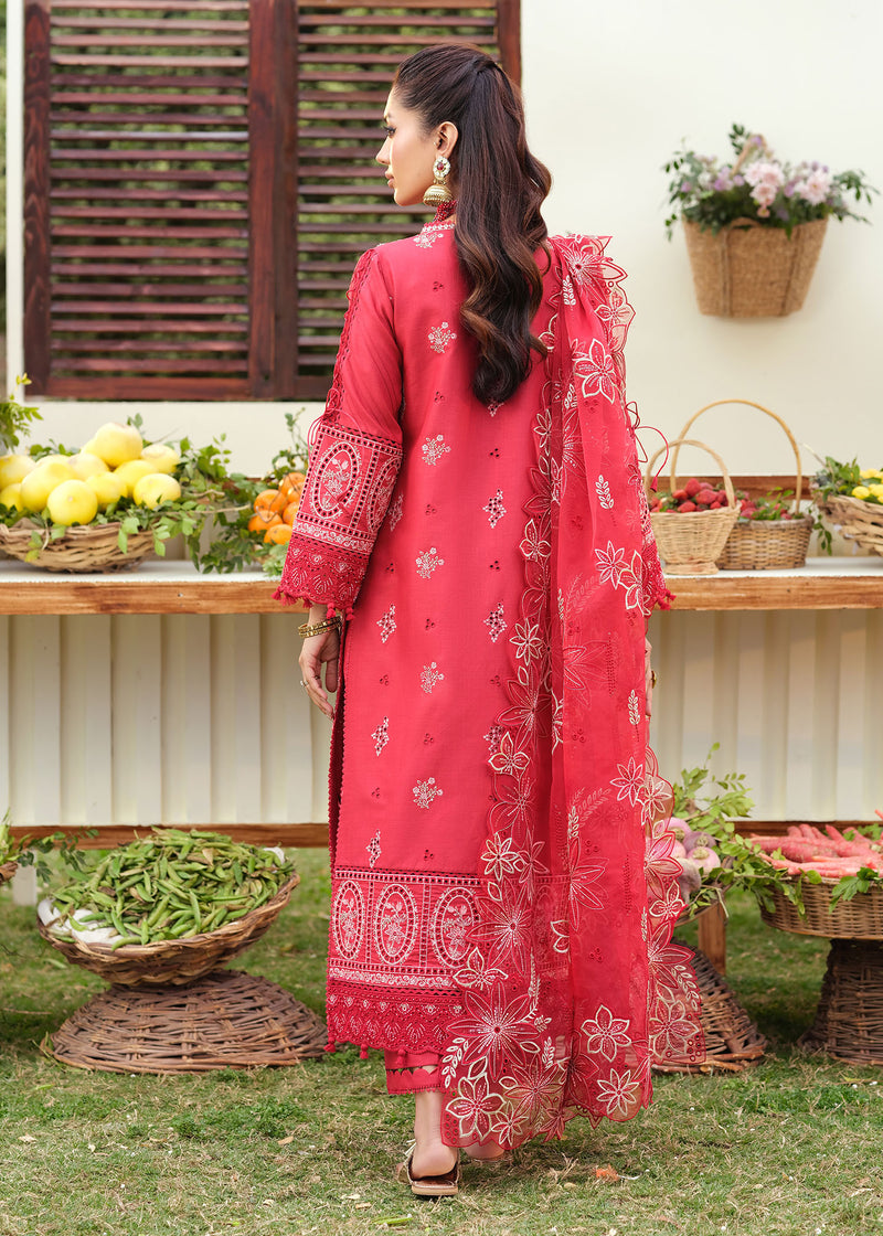 Woman in a red traditional outfit standing outdoors with a market stall in the background