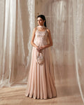 Woman in a long, light pink dress holding a matching handbag against a soft, neutral background.