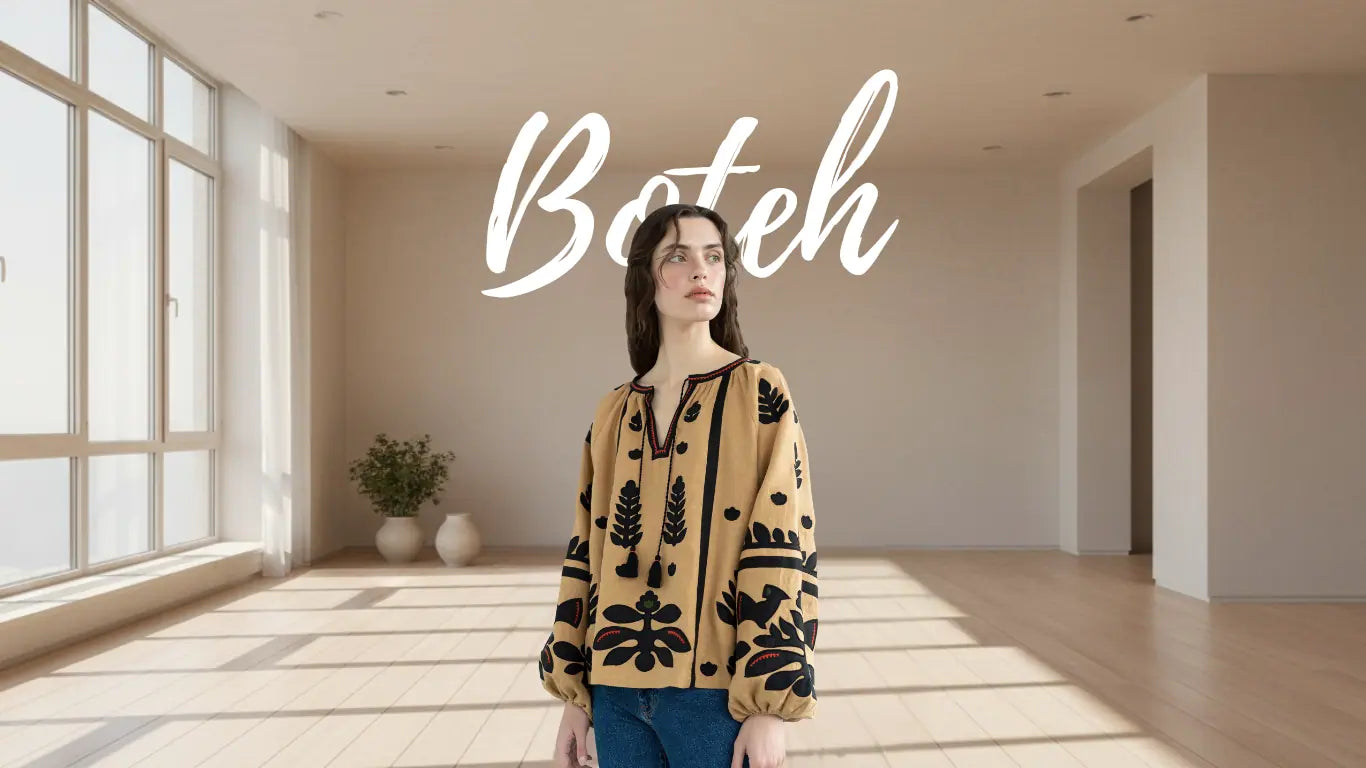A woman stands in a bright, modern room wearing a beige long-sleeve blouse with black floral and geometric patterns. The word 'Botoh' is written in white script across the upper center of the image.