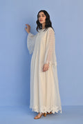 A floor-length ivory Cotton Silk Chanderi dress with a pleated skirt, featuring intricate geometric cutwork panels on the bodice and hemline.