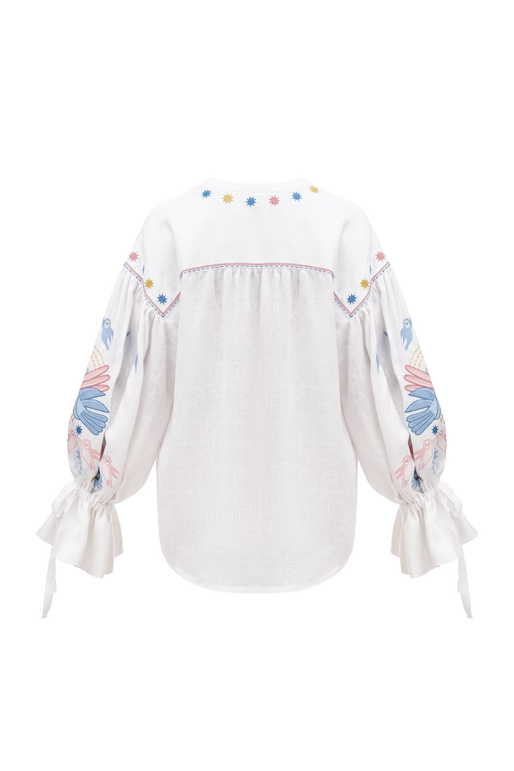 White blouse with colorful sleeve designs on a white background
