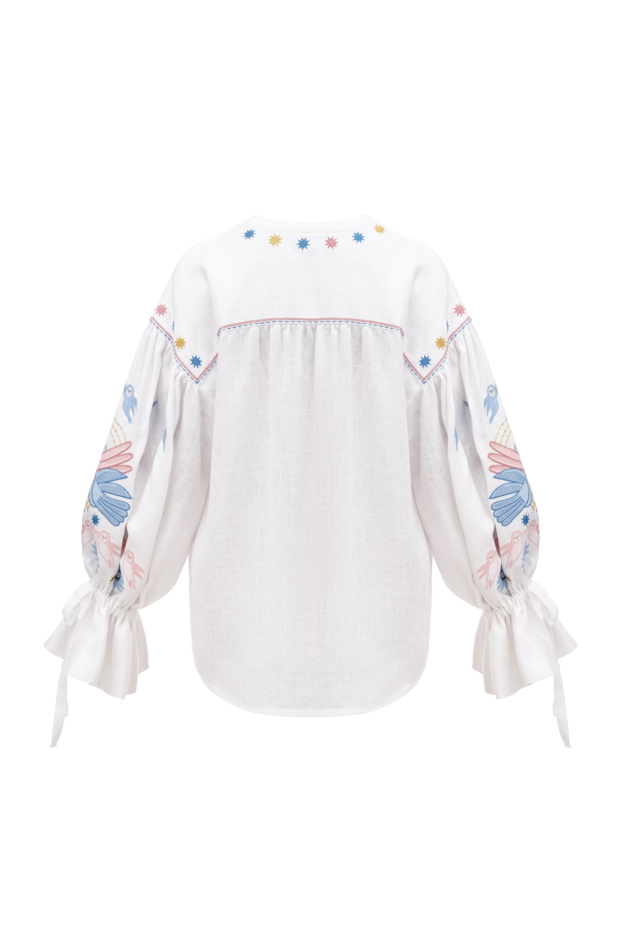 White blouse with colorful sleeve designs on a white background
