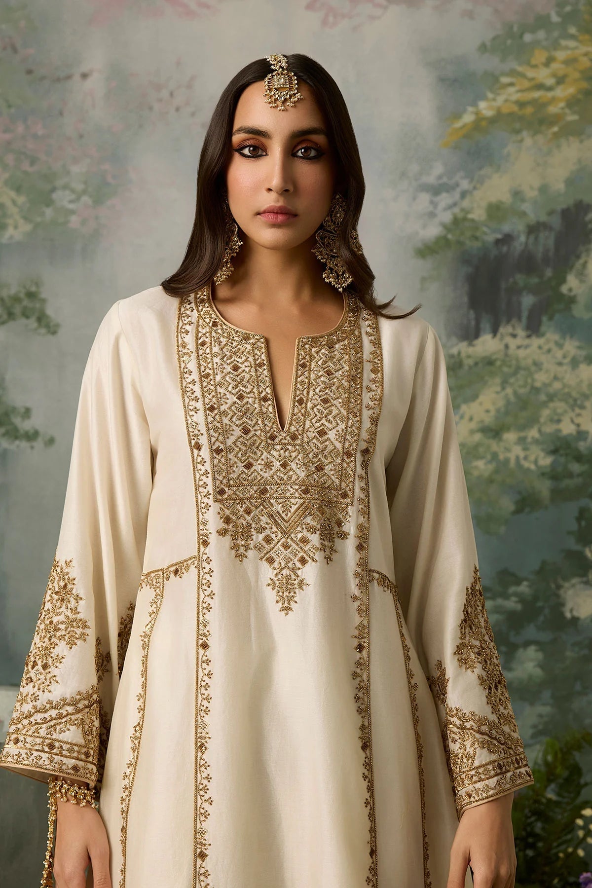 SORAYA – Delicate Gold Aari & Cutdana Silk Muslin Kalidaar Kurta & Salwar Set