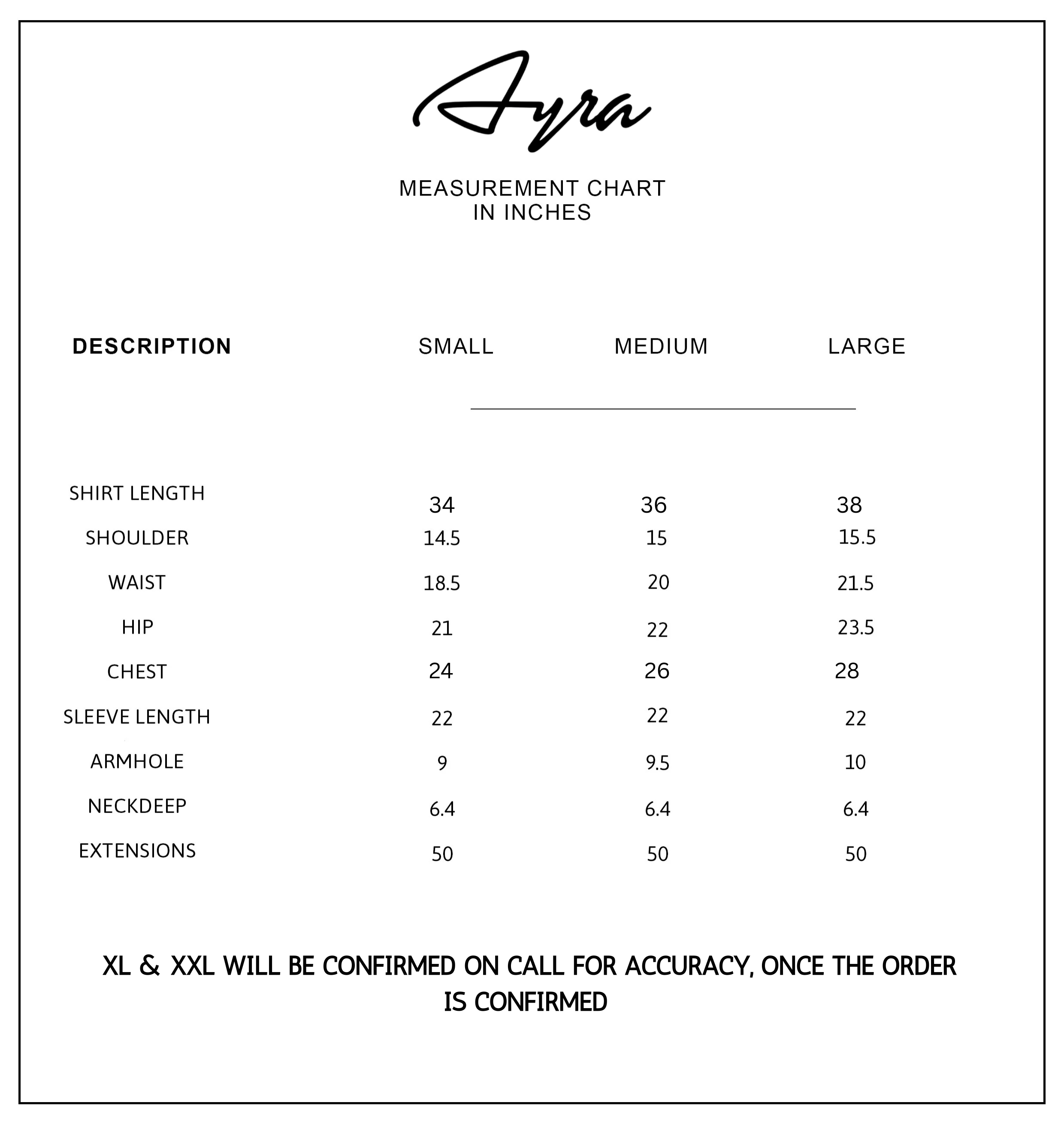 SIZE CHART EASTERN WEAR