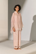 A dusty mauve Cotton Silk Chanderi kaftan shirt featuring geometric floral cutwork panels and tonal appliqué on the shoulders and back.