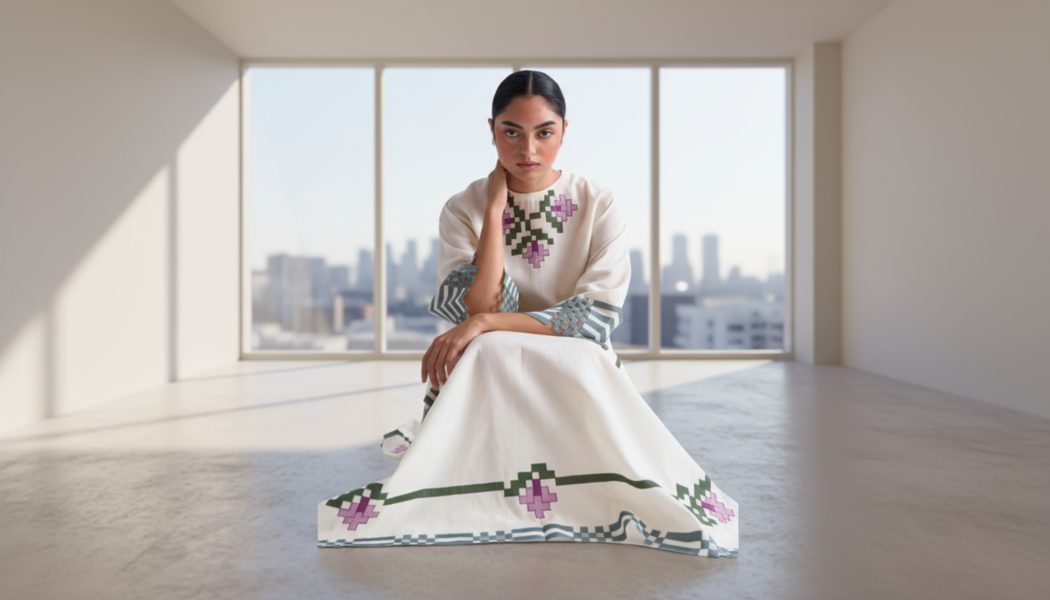 Woman wearing a white dress with floral embroidery on a white background