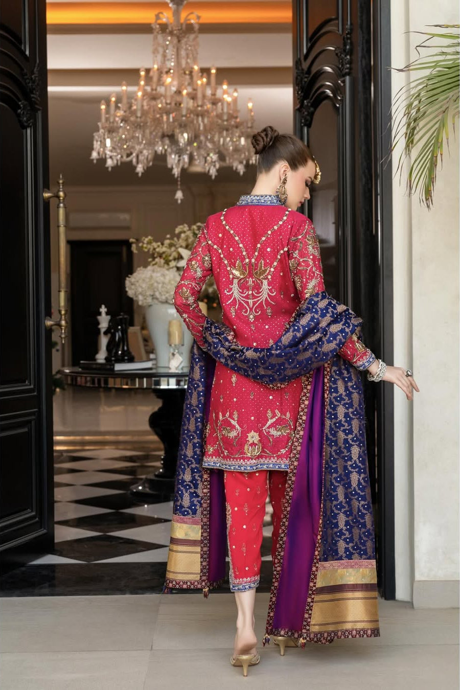 gorgeous WOMEN WEARING TRADITIONAL raspberry pink and indigo outfit_handwork EMBROIDERY 