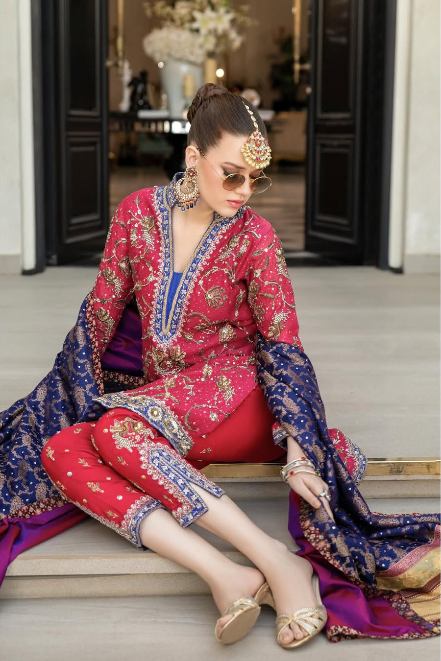 gorgeous WOMEN WEARING TRADITIONAL raspberry pink and indigo outfit_handwork EMBROIDERY 