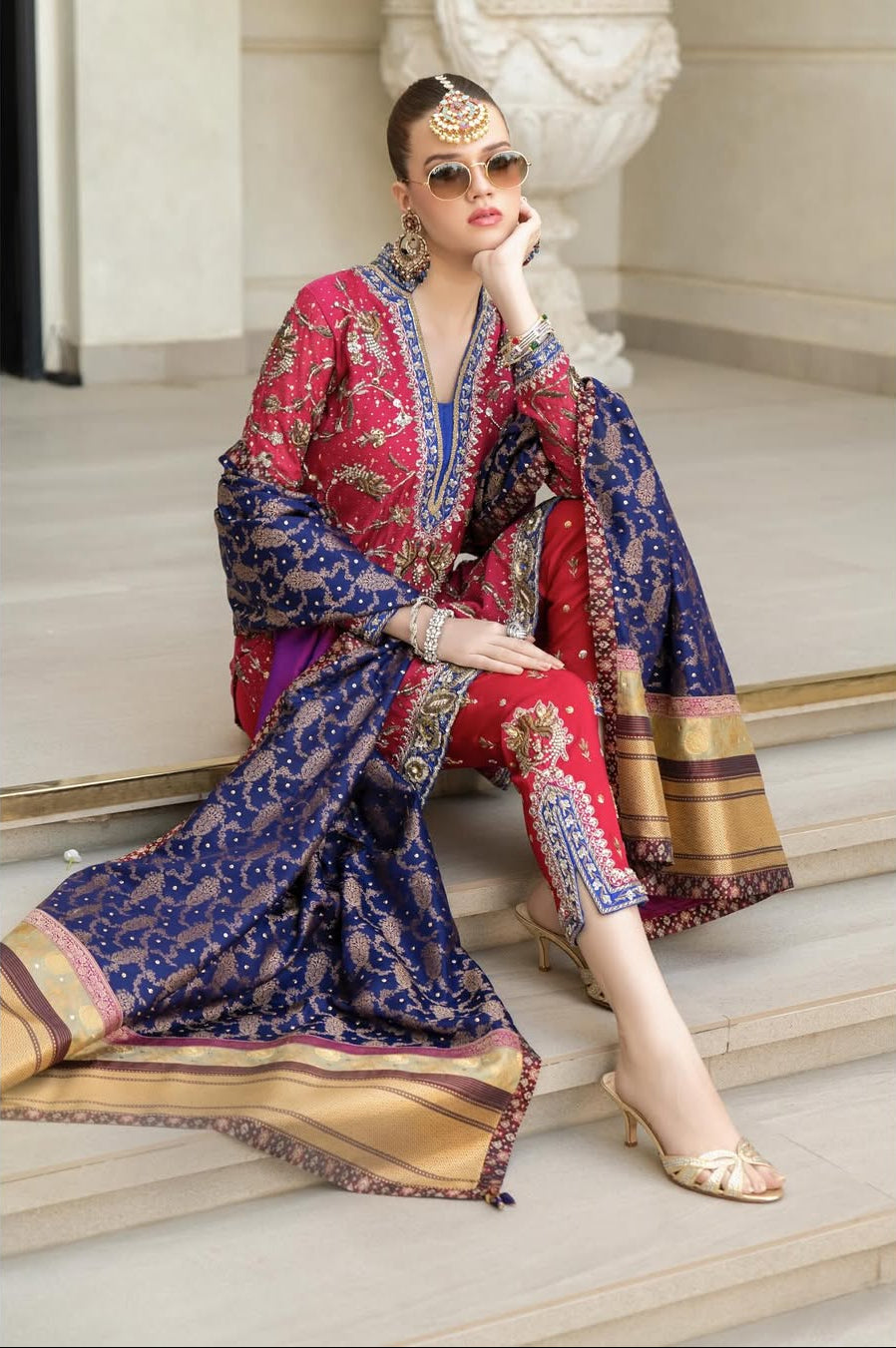 gorgeous WOMEN WEARING TRADITIONAL raspberry pink and indigo outfit_handwork EMBROIDERY 
