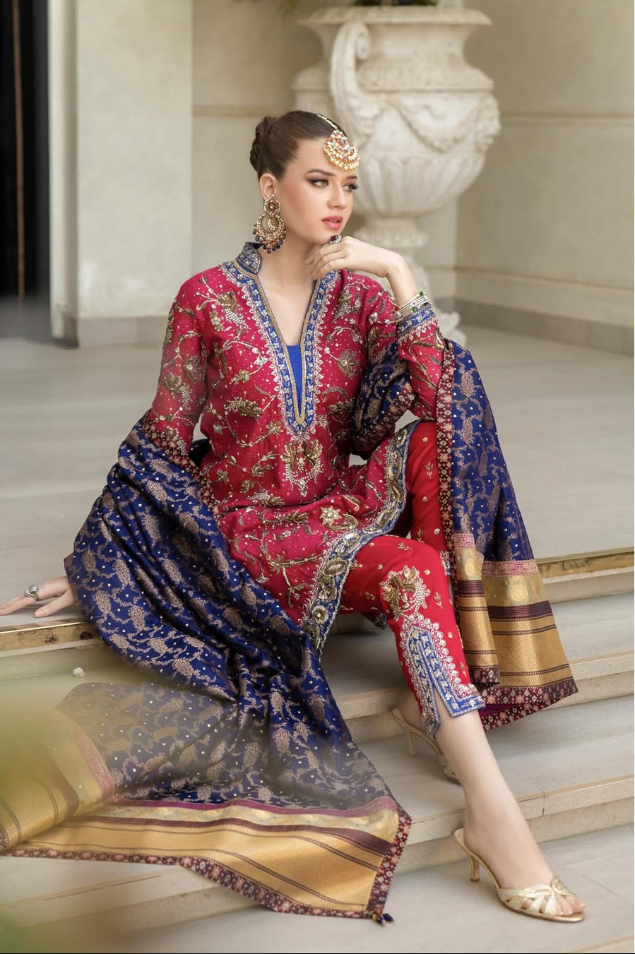 gorgeous WOMEN WEARING TRADITIONAL raspberry pink and indigo outfit_handwork EMBROIDERY 