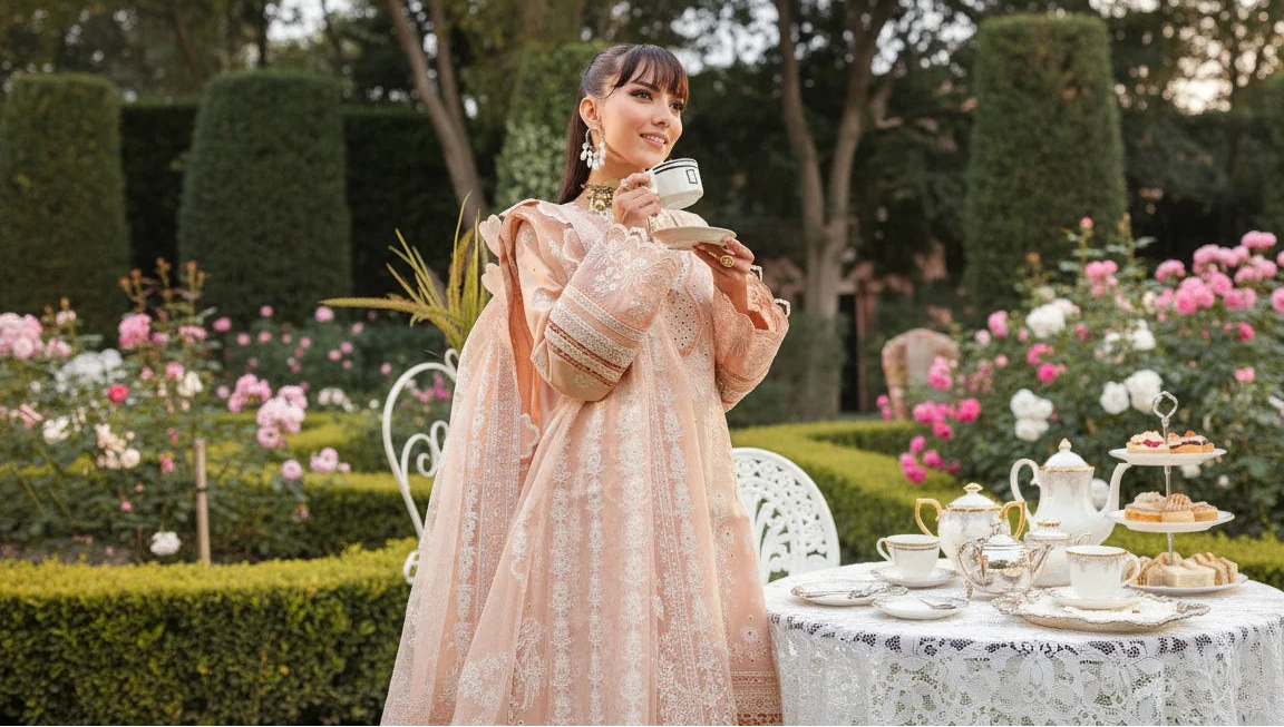 A woman in a peach embroidered traditional dress stands in a garden setting, holding a teacup and saucer next to a white table set with tea and pastries.