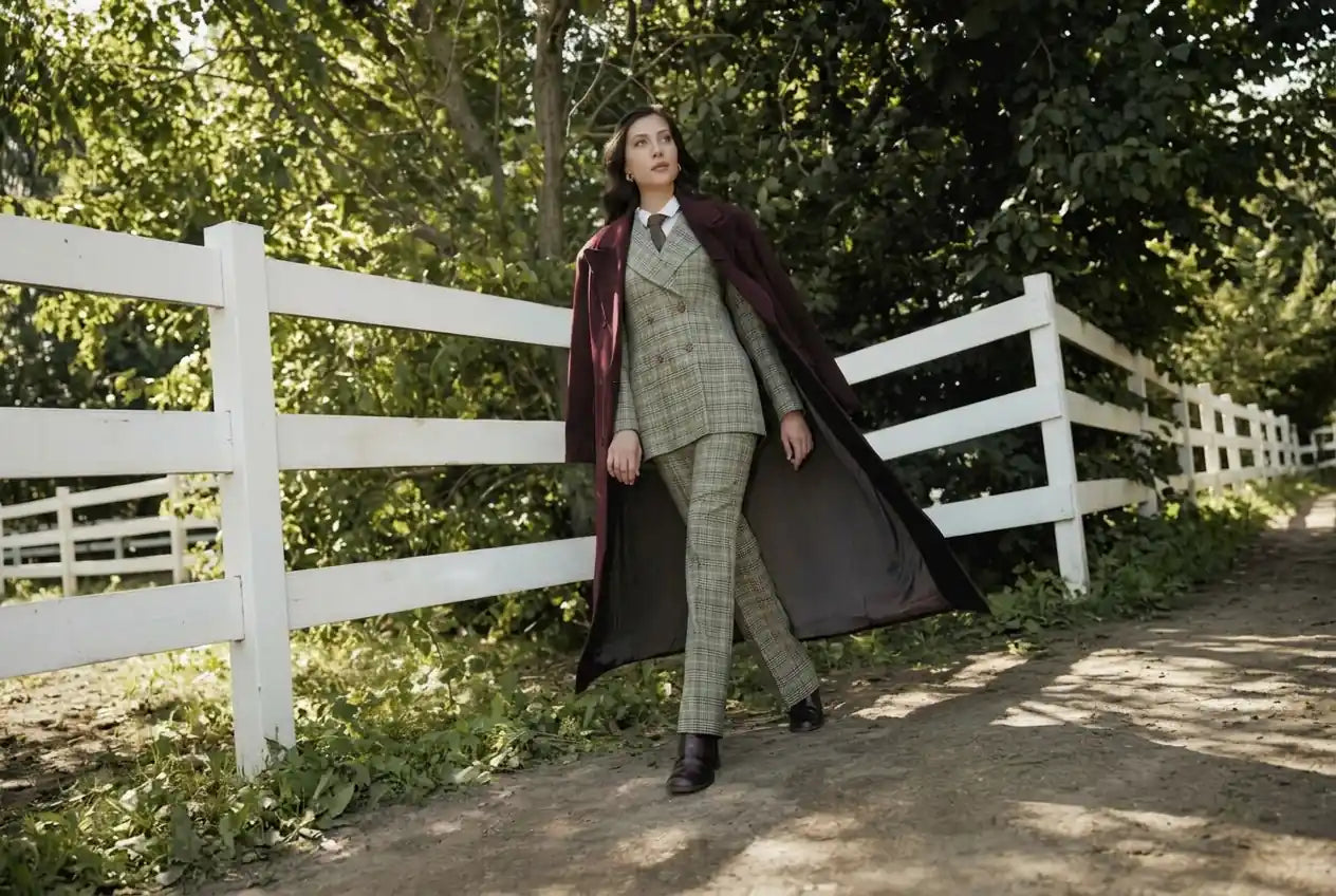 ayra store women in New York beautifully wearing jacket over coat and walking towards her horse