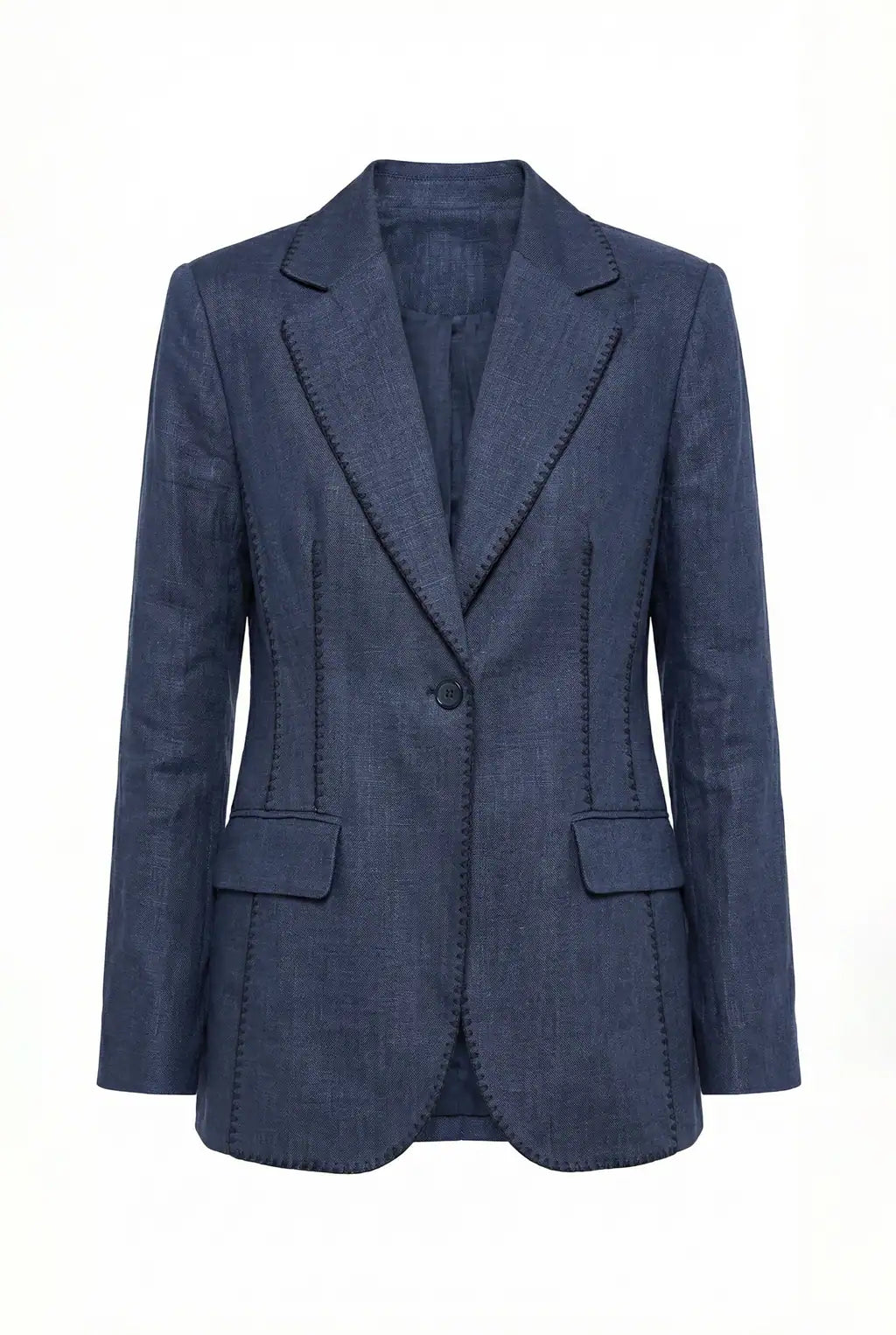 ayra store's beautiful women wearing luxury Air-Wash Indigo Linen Blazer | Denim-Effect Tailored Jacket & Pants